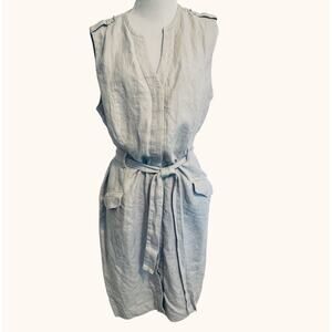 Talbots 100% Linen Belted Dress Women's Size 6 Gray Pockets Coastal Button